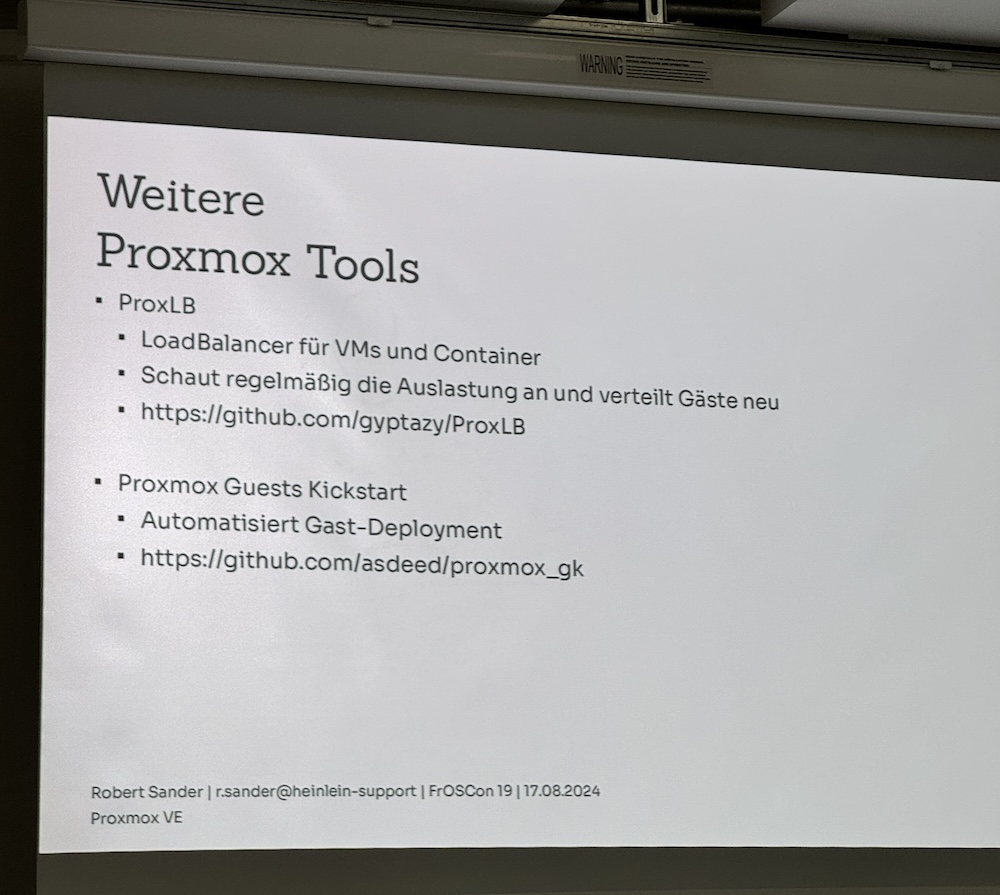 ProxLB mentioned in Proxmox talk at FrOSCon 19 (2024)