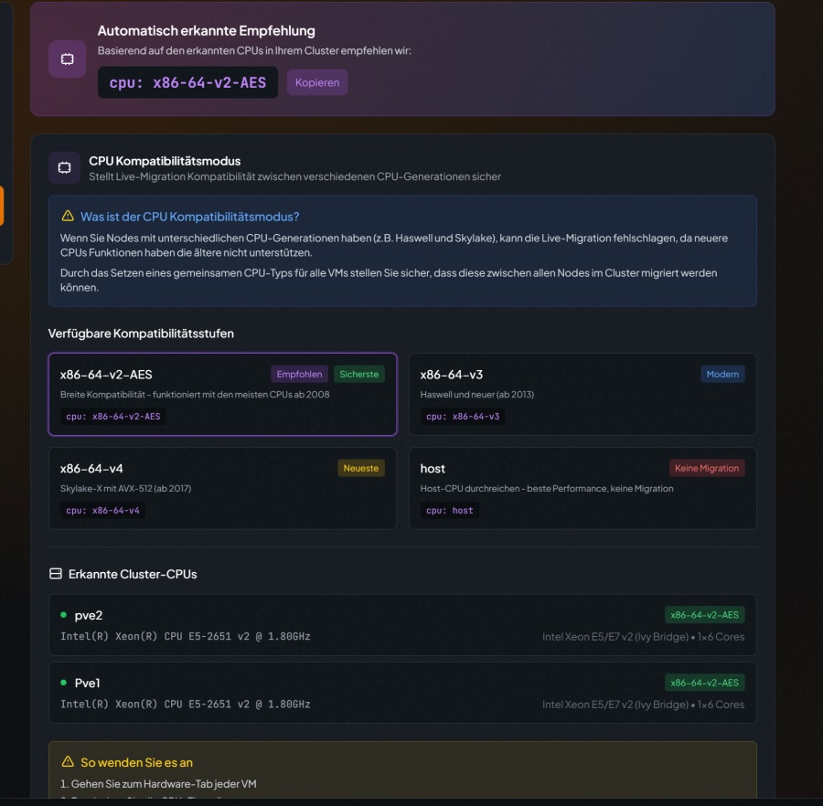 PegaProx with CPU compatibility validation.