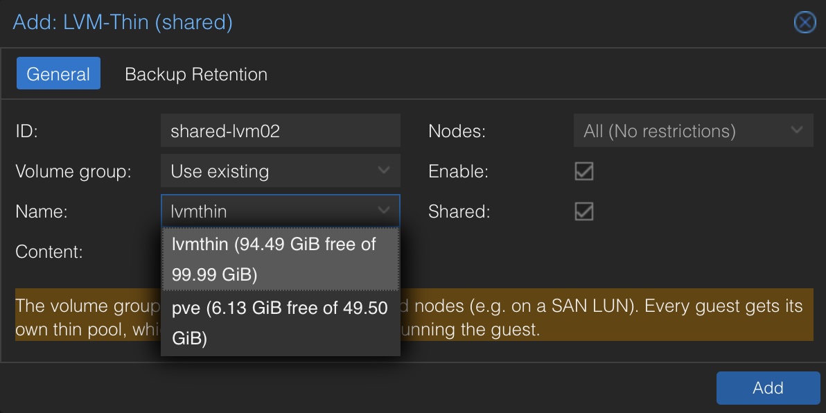 Use existing VG as shared LVM thin