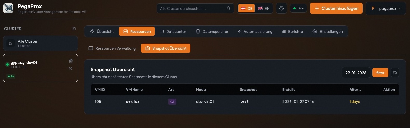 PegaProx Global Snapshot Overview like ProxSnap