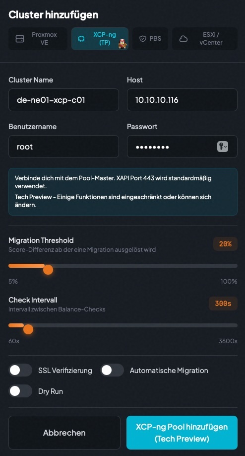 PegaProx menu showing XCP-ng Node adding