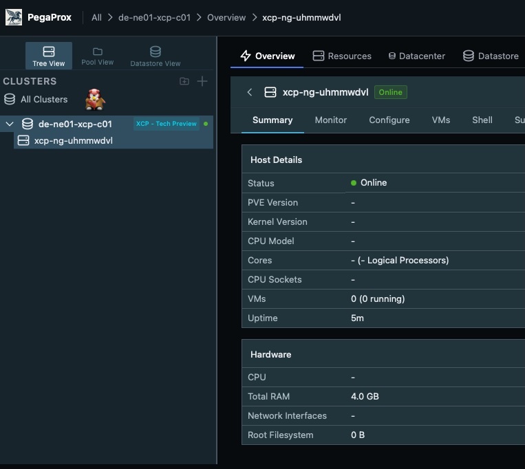 PegaProx dashboard showing XCP-ng pool integration